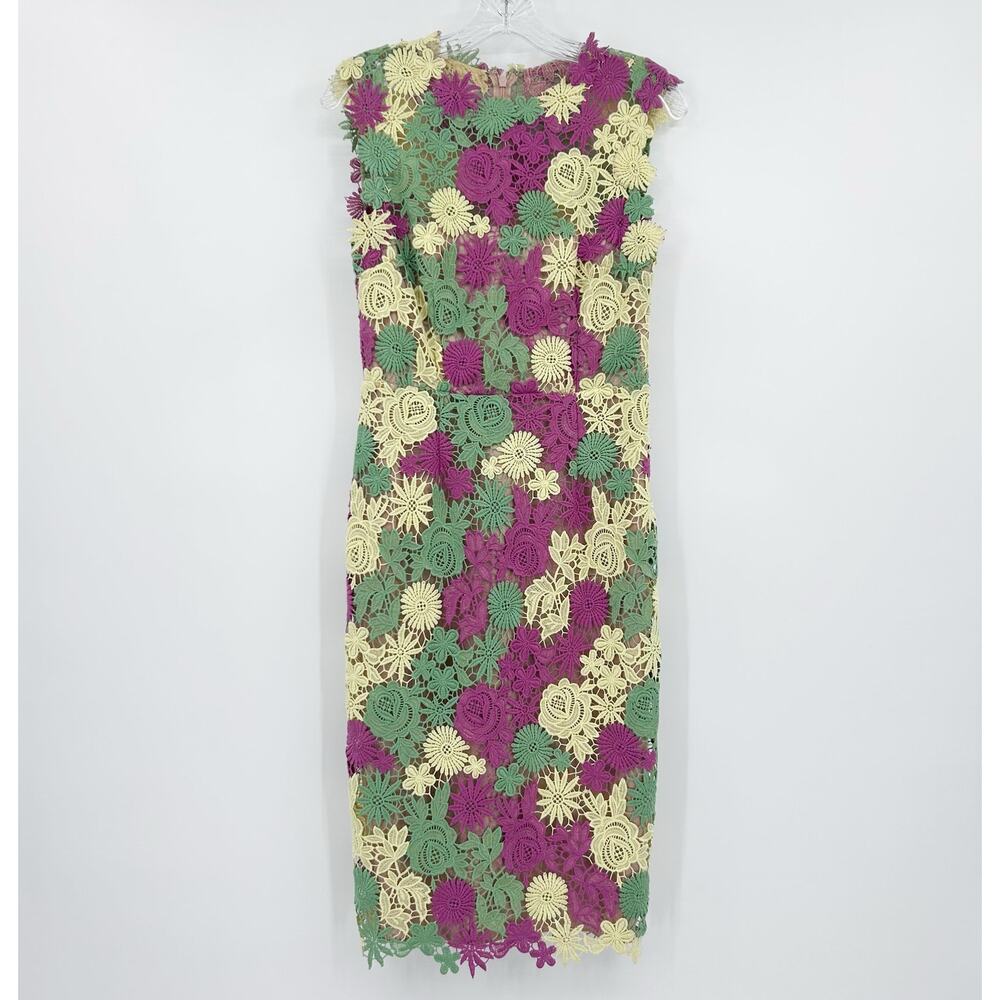 Mikael Aghal Merana 3D Floral Lace Sheath Dress Sz 4 Pink Green Yellow occasion - Picture 4 of 11